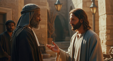 Naklejka premium A man talking to Jesus christ on an ancient street. Preaching and spiritual guidance concept. Religious story for Christian education and Bible study.