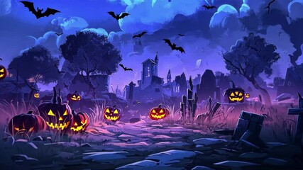 Chilling Halloween background with haunted graves and glowing pumpkins at night, scary halloween background, seamless ing video background, cartoon anime style