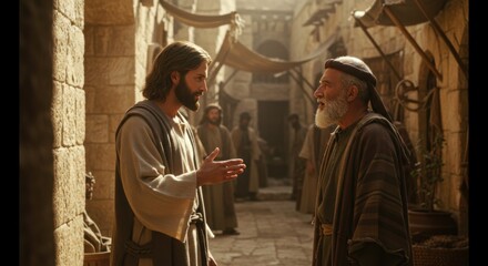A man talking to Jesus christ on an ancient street. Preaching and spiritual guidance concept. Religious story for Christian education and Bible study.