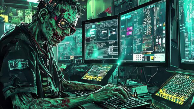 Cryptocurrency miner operates in a futuristic workspace amidst a zombie apocalypse, Zombie cryptocurrency miner in a high tech workspace, surrounded by digital screens and mining rigs