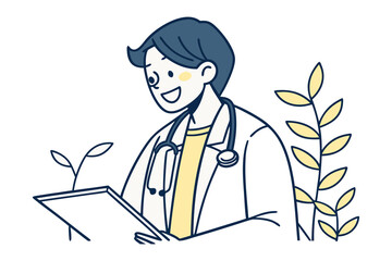 Friendly cartoon doctor with stethoscope and clipboard examining a small sprout amidst decorative plants