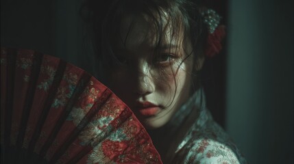 Portrait of a captivating woman holding a fan, exuding mysterious beauty