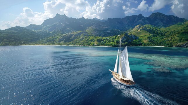 Aerial view of a sailboat sailing on the ocean near a tropical island with mountains in the background