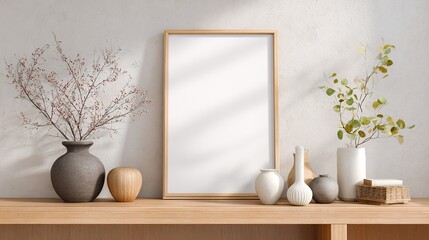 Blank frame mockup on wooden shelf with minimalist decor. High quality
