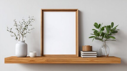 Blank frame mockup on wooden shelf with minimalist decor. High quality