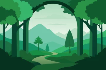 Fotobehang A serene green landscape illustration featuring a winding path leading through trees and mountains in the distance. © Creative Shayful GFX