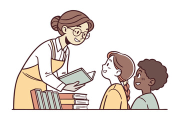 Joyful teacher shares a book with two diverse students fostering a love for reading and learning in a warm classroom setting