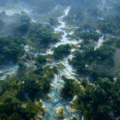 Fototapeta premium Serene Convergence: The Graceful Flow of a River Tributary Amidst Verdant Surroundings and Sunlit Harmony