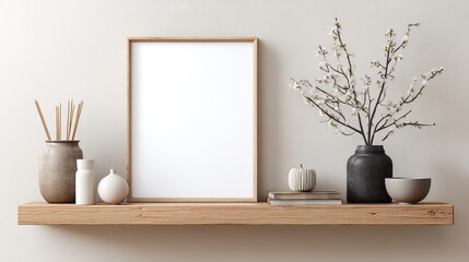 Blank frame mockup on wooden shelf with minimalist decor. High quality