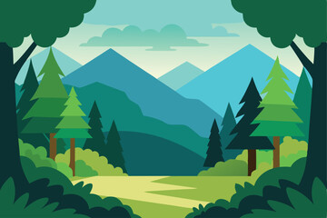 Fototapeta premium A tranquil landscape illustration featuring mountains, trees, bushes, and a path, framed by foliage.