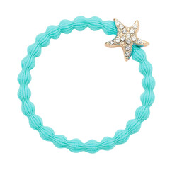 Turquoise wavy hair tie with sparkling gold star charm isolated on transparent background