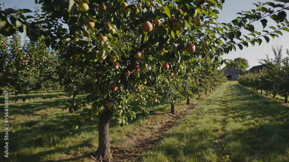 Poster a serene orchard video scene with rows of apple trees under clear skies. captured from a low angle, 