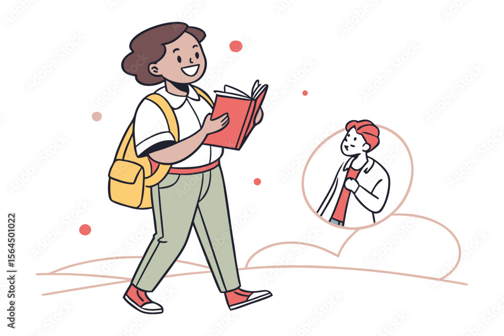 Poster joyful student with backpack reading a book while walking thinking of a friend in a thought bubble s
