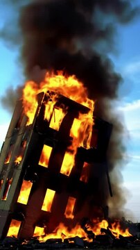 A burning building collapsing