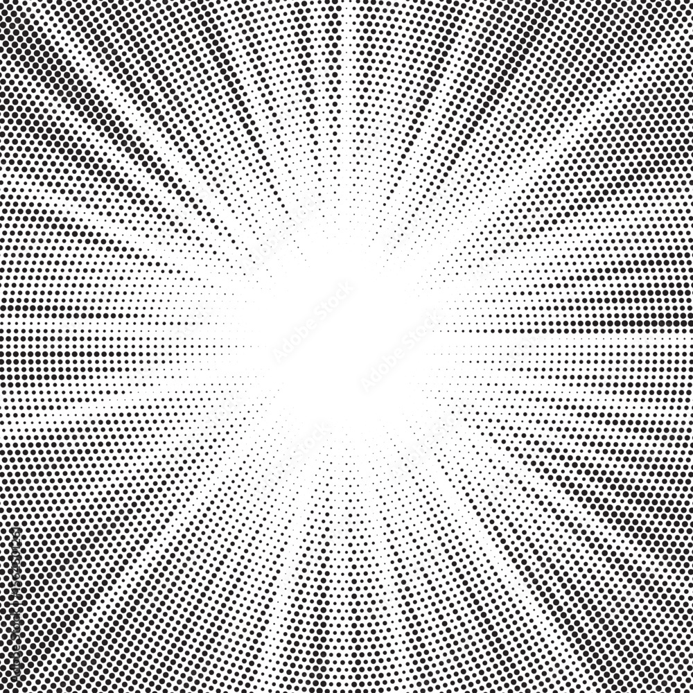 Poster Halftone gradient sun rays pattern. Abstract halftone vector dots background. monochrome dots pattern. Vector background in comic book style with sunburst rays and halftone. Retro pop art design.