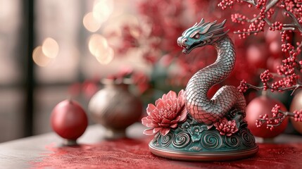 Fototapeta premium Detailed decorative dragon figurine on a floral base.