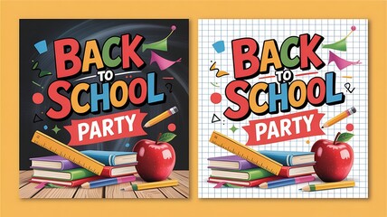 Back to school party flyer templates with colorful text, apple and school doodles for event and club promotion design