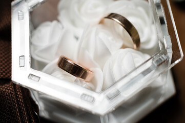 Wedding rings nestled in a white gift box, ready for the big day. A symbol of love and commitment.