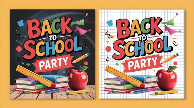 Back to school party flyer templates with colorful text, apple and school doodles for event and club promotion design