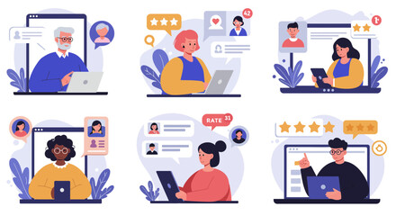 Fototapeta premium Diverse online user engagement illustration with reviews and communications elements