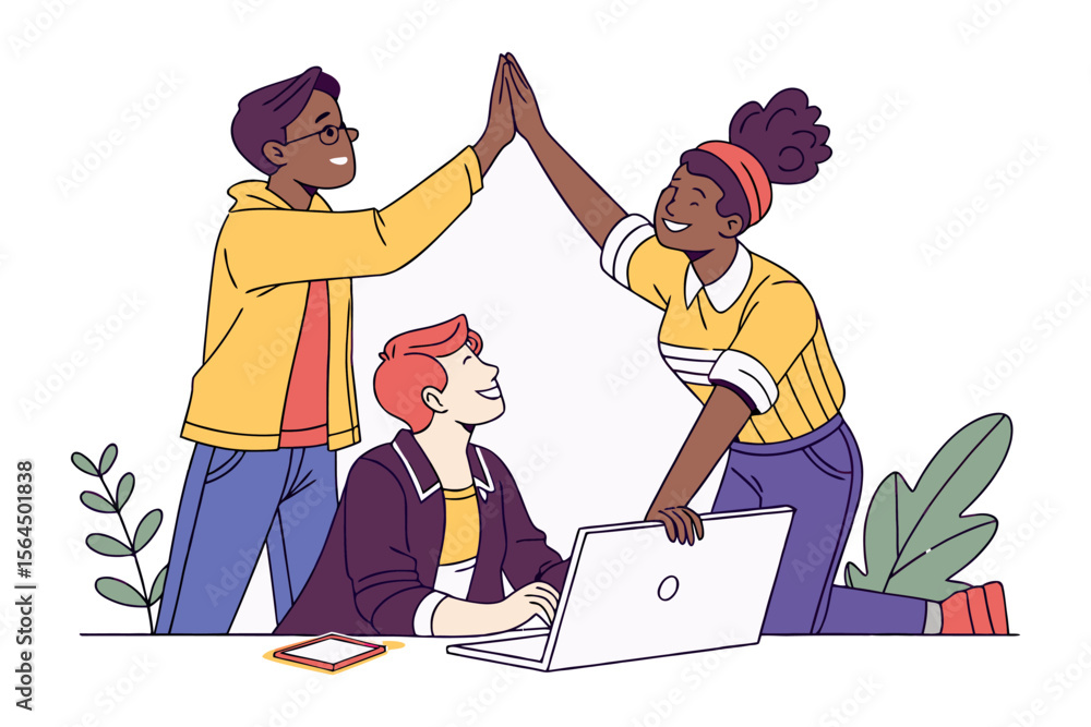 Poster diverse team celebrates success with a high five while collaborating on a project using a laptop and