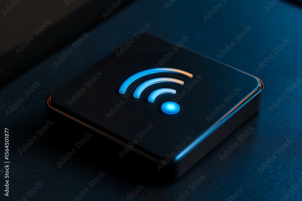 Poster illuminated wifi symbol on dark button close up technology image