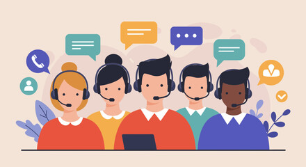 Team of diverse customer service agents providing assistance with headsets