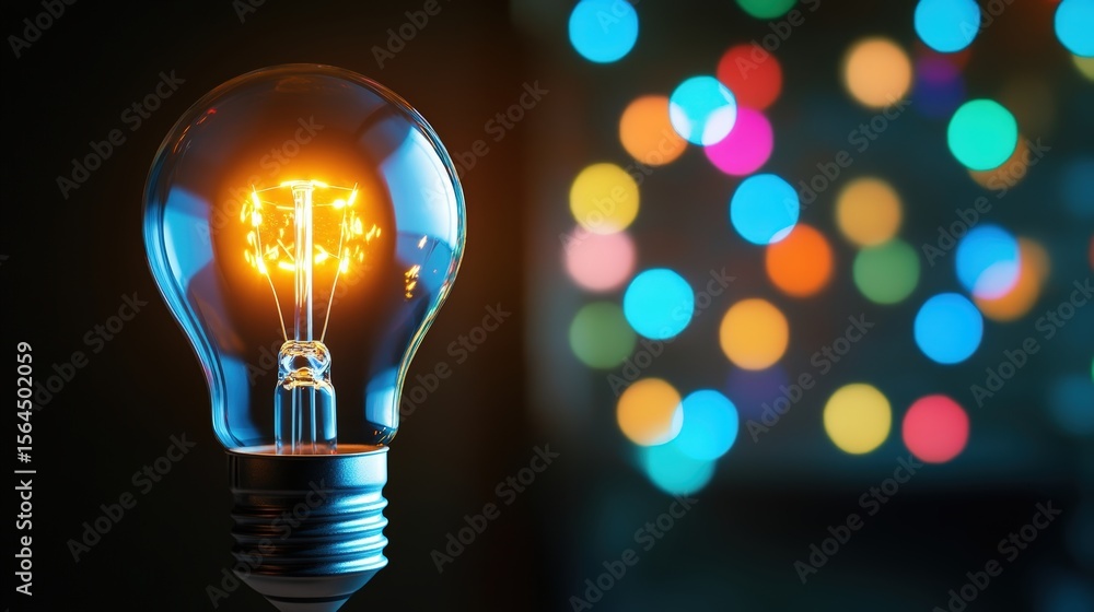 Poster bright illuminated incandescent light bulb with glowing filament and colorful bokeh background