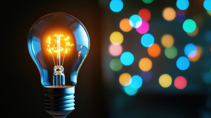Bright illuminated incandescent light bulb with glowing filament and colorful bokeh background