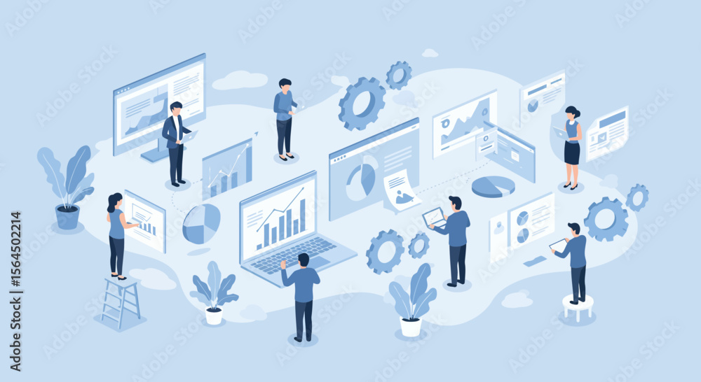Aufkleber isometric illustration of business data analytics and team collaboration visualization