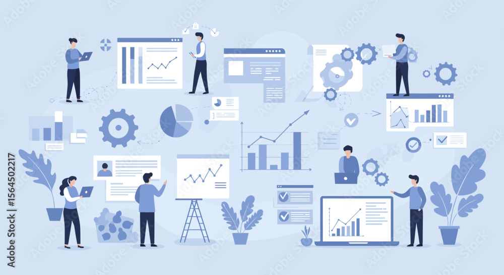 Poster business analytics and data analysis showing various charts, graphs and diagrams
