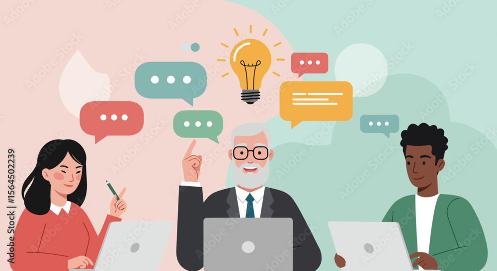 Poster diverse team brainstorming with lightbulb idea and communication speech bubbles graphic