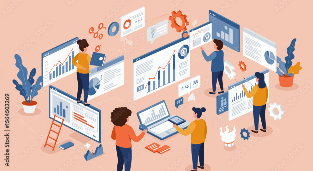 Poster conceptual illustration of a business team analyzing data and growth charts strategically