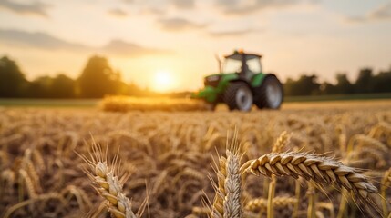 Fototapeta premium Agricultural tractor working in golden wheat field du sunset with lush green trees in background