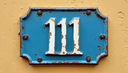 Address Number Sign on Wall Showing 111 with Weathered Look