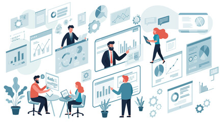 Business team analyzing data and growth charts for presentation via online meeting