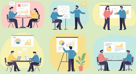 Diverse Business Team Presentations and Collaborative Meetings Illustration Set