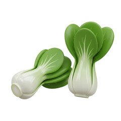 Two vibrant, fresh bok choy vegetables are displayed, showcasing their leaves and stems.