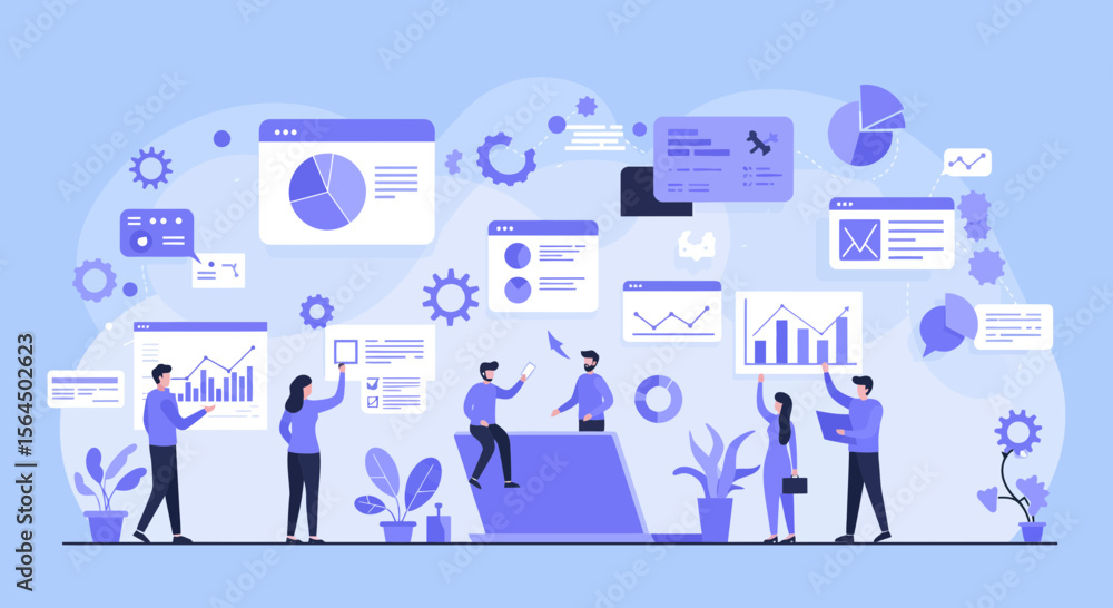 Poster creative team analyzing data, charts and diagrams in an innovative workspace