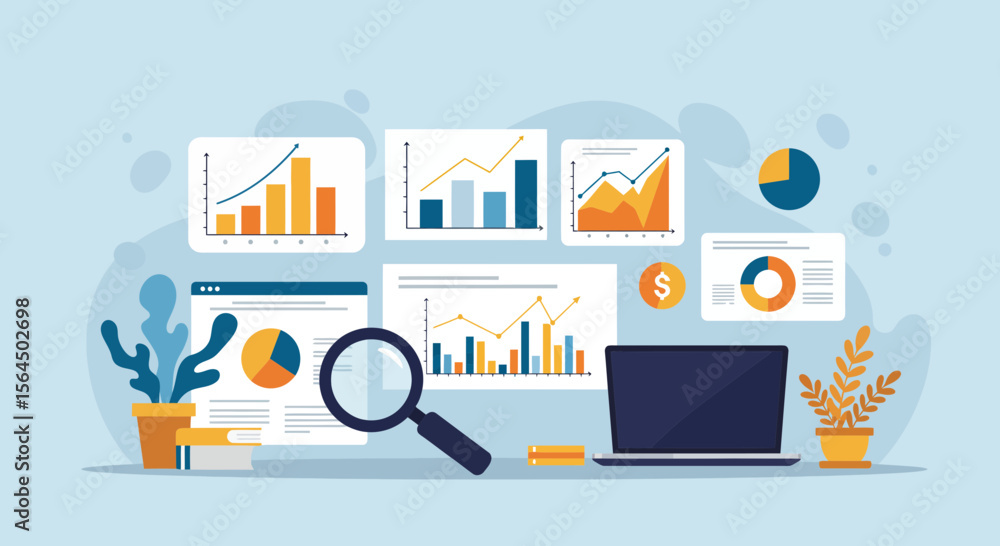 Aufkleber analyzing data with graphs, charts and a magnifying glass on a laptop screen