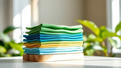 Neatly Folded Colorful Clothes on Wooden Tray in Bright Natural Light