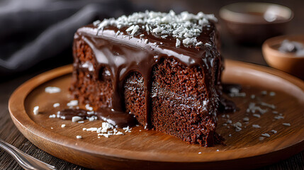 National Devil's Food Cake Day, Whole delicious Devil's Food cake with glossy chocolate coating and sprinkled with grated chocolate on top. Aesthetic kitchen background. AI generated images.