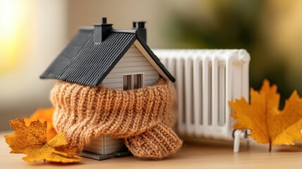 Cozy miniature house surrounded by warm autumn leaves and radiator featu a knitted scarf decoration
