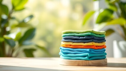Colorful Folded T-Shirts Stack on Wooden Table with Natural Light