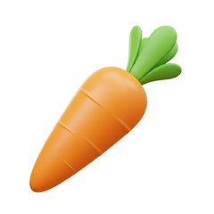 3D render of a vibrant orange carrot with green leaves, isolated on a white background.