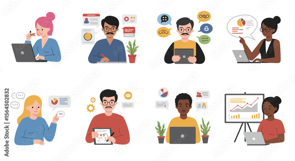 Aufkleber diverse professional avatars working and collaborating digitally on various projects