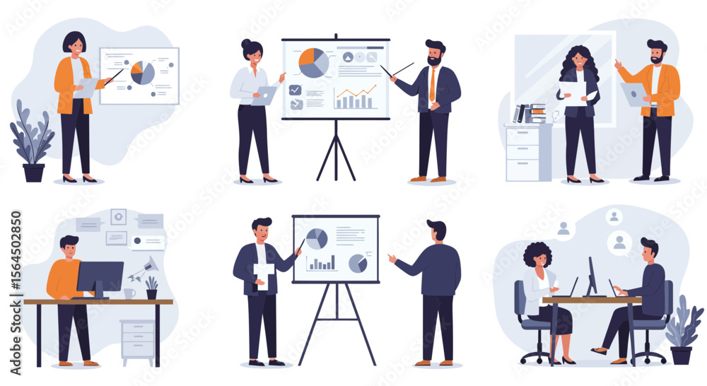 Poster diverse professional team working, presenting data and collaborating in office environment