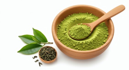 Organic Matcha Green Tea Powder in Bowl with Leaves