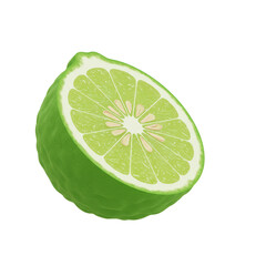 A vibrant, halved kaffir lime showcases its juicy, segmented interior against a stark white background.