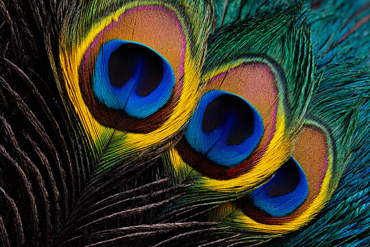 peacock feathers forming abstract jungle pattern, vibrant nature texture background